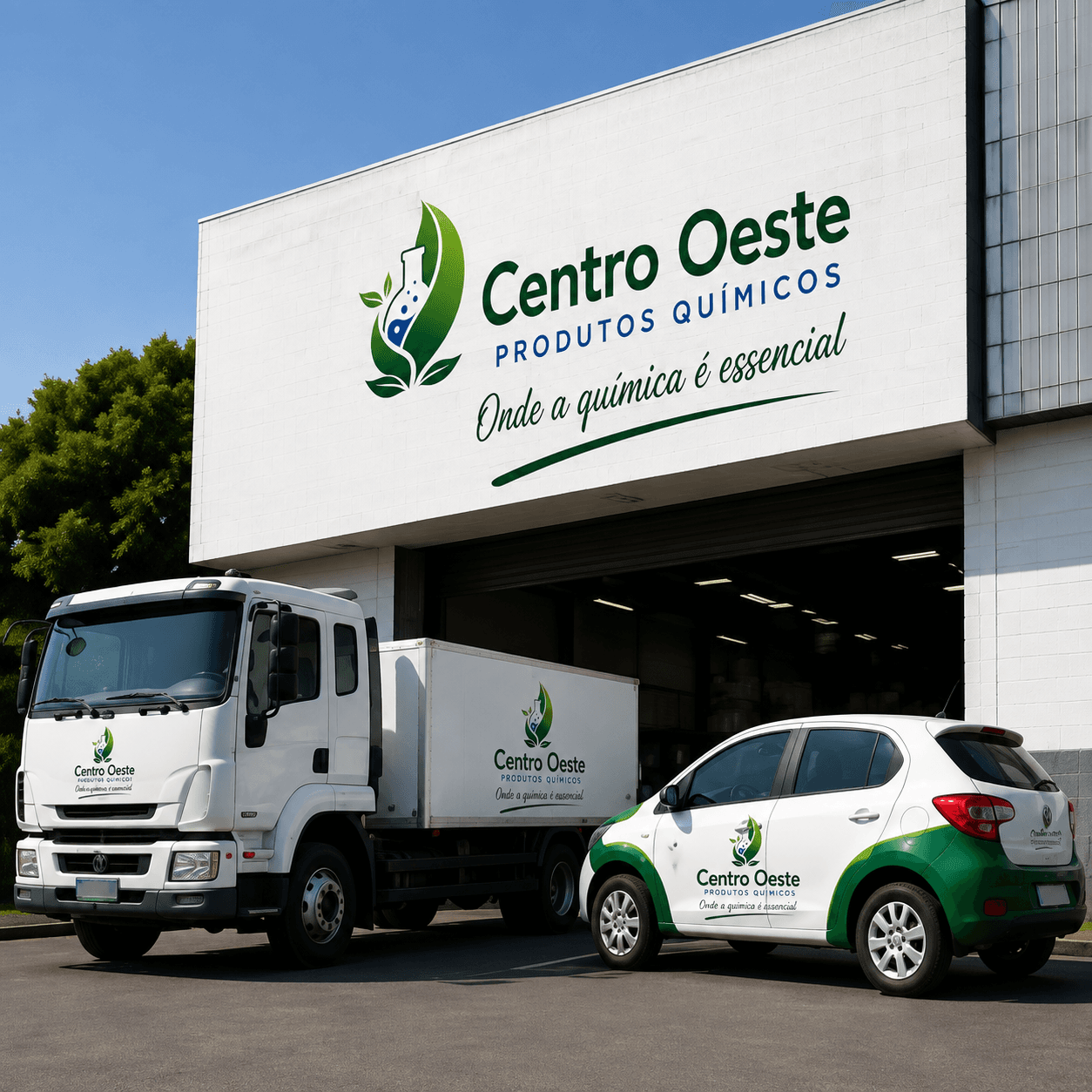 Ilustração da fachada Centro Oeste com caminhão de entregas e carro branco e verde, criada a partir da referência visual